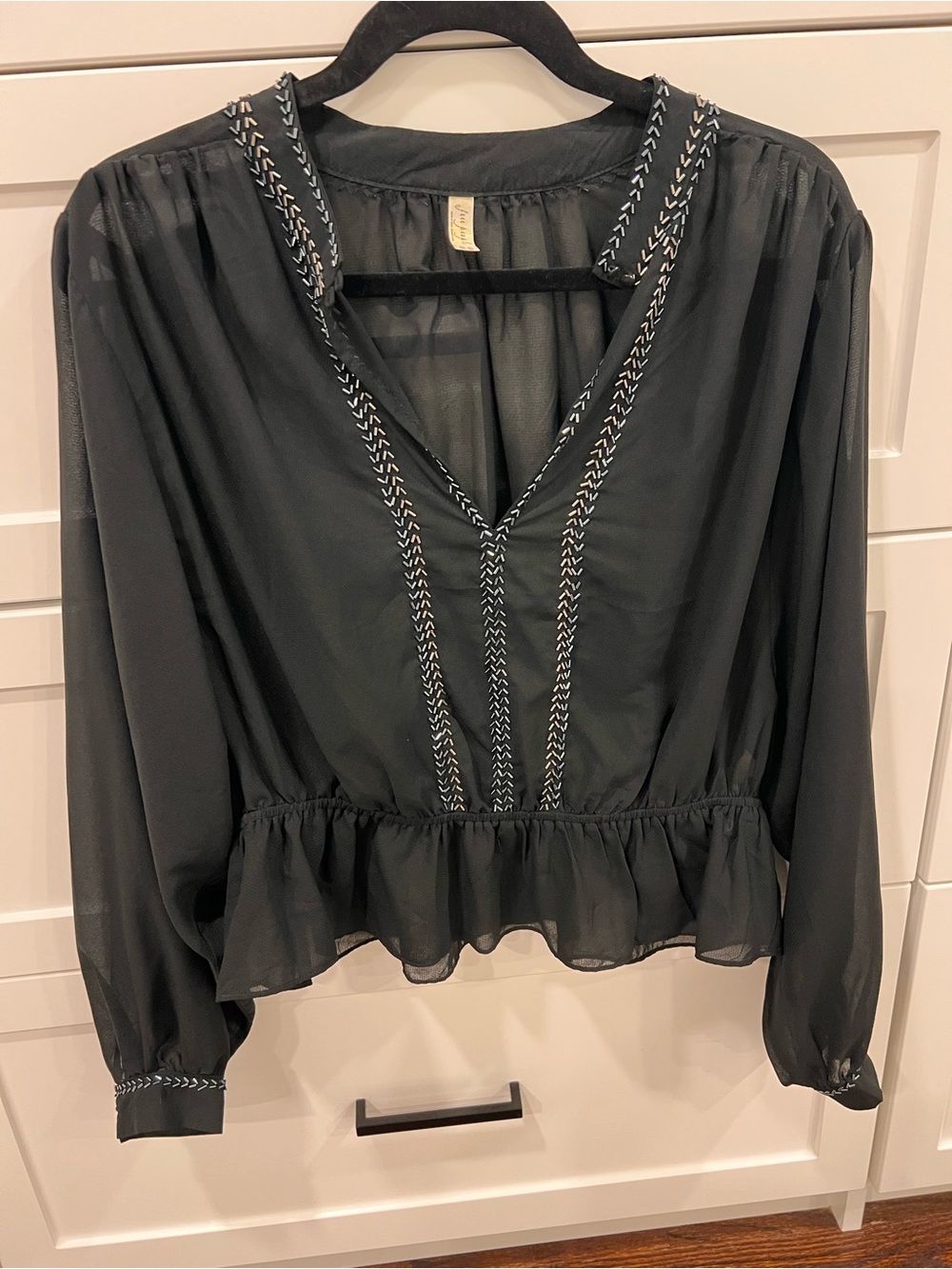 Free People Black V-Neck Embroidered Peplum Blouse - Unbranded
